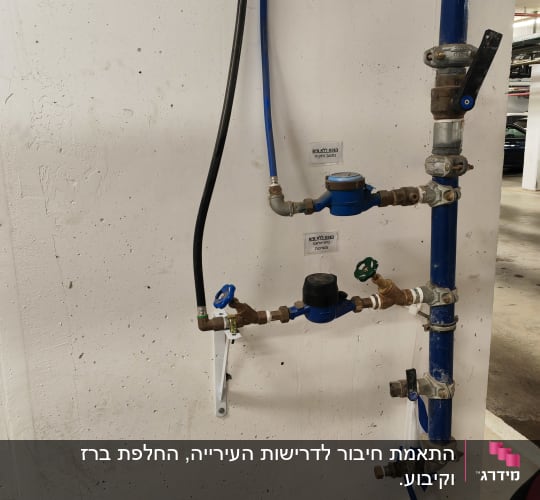 צנרת מים עם ברזים ומד מים על קיר